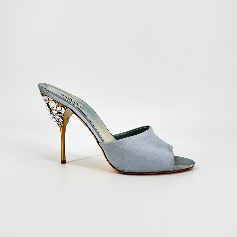 Miu Miu Light Blue Satin Crystal Embellished Peep Toe Stiletto Mule Heels 38 IT